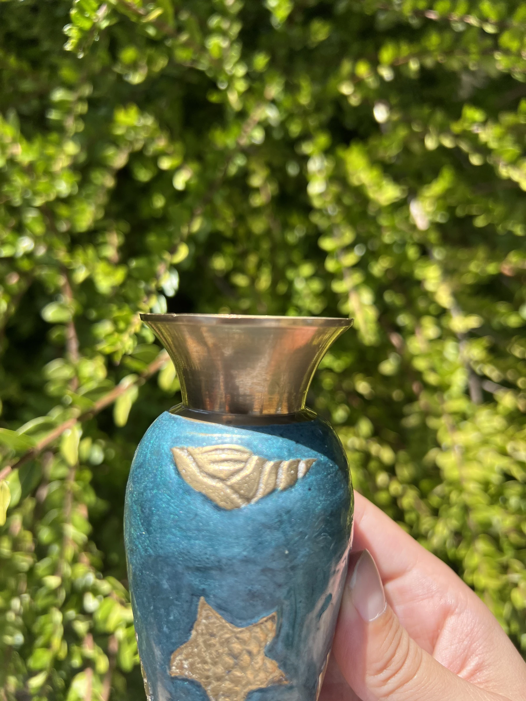 🐚 Vintage vaas van geëmailleerd messing blauw schelp zeester 12,5 cm – photo 4